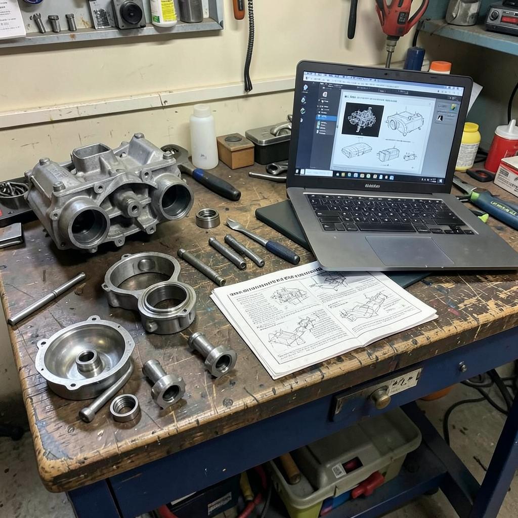 Aircraft engine parts and maintenance manual on a mechanic's workbench